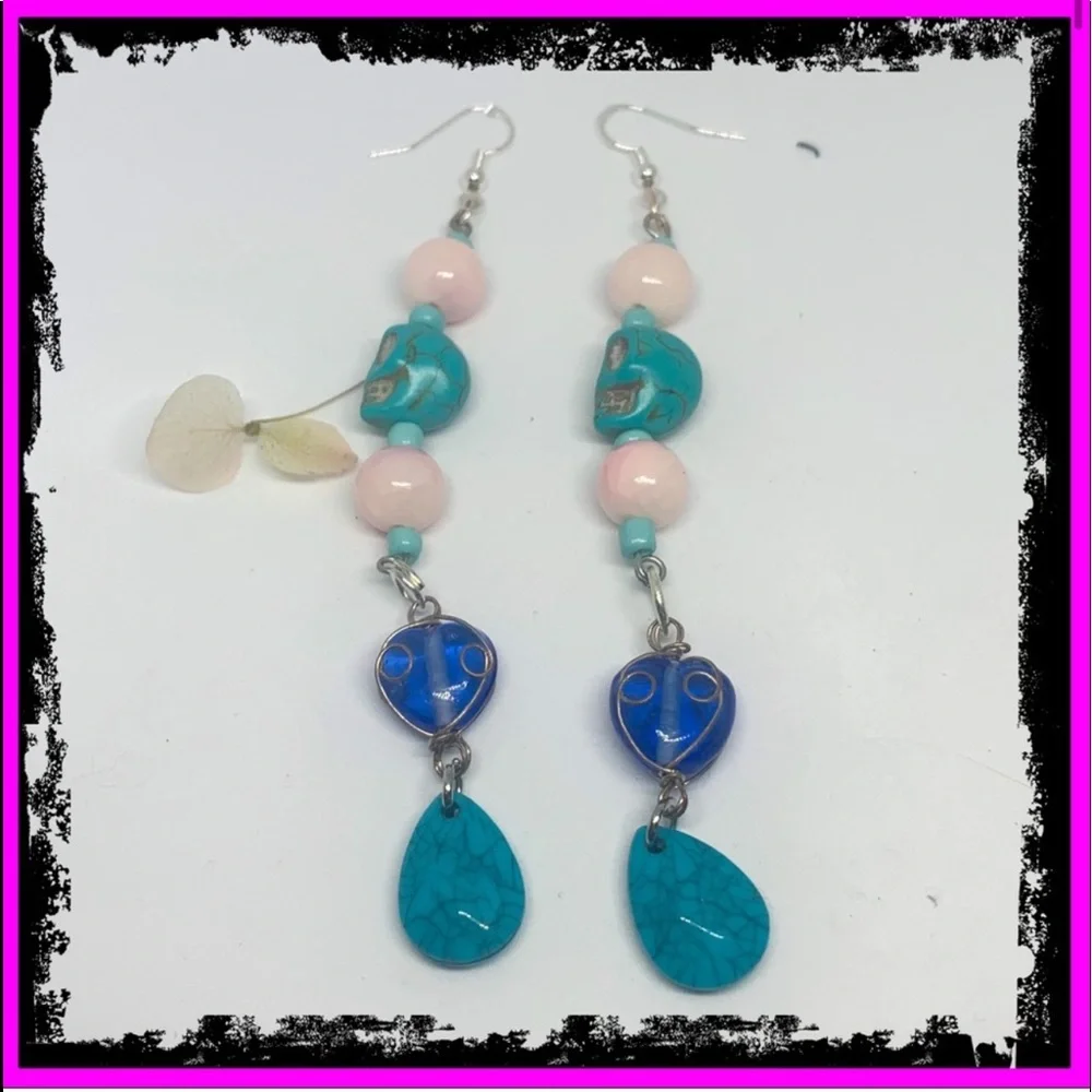 Handmade New S925 Sterling Silver Turquoise Rhodonite Skull Candy Drop Earrings